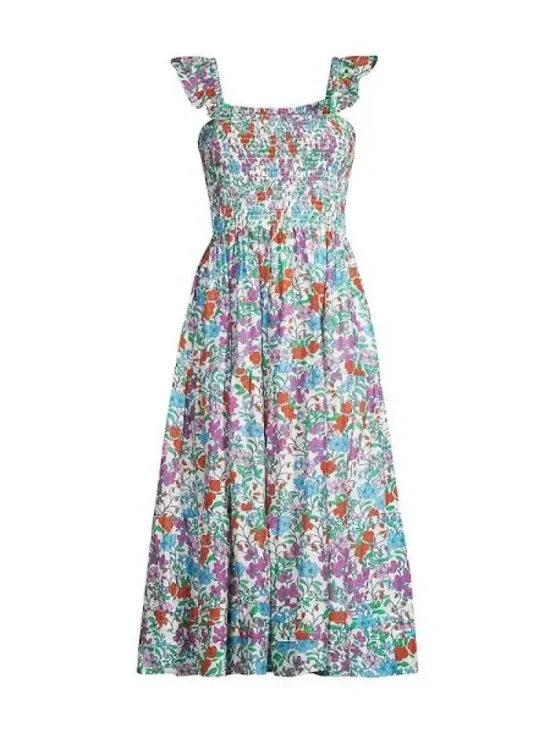 Anthropologie Roller Rabbit Dress Blomst Doe Silk Cotton Floral Shirred Sundress - Picture 5 of 12